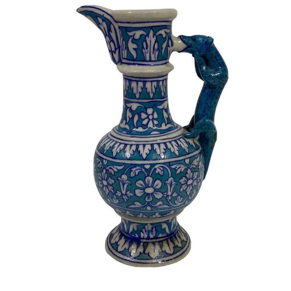 Antique Persian /Middle Eastern Art Pottery Pitcher Ewer Cat Handle Floral Motif